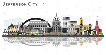 Illustration for Jefferson City Missouri Skyline with Color Buildings and Reflections Isolated on White. Vector Illustration. Tourism Concept with Historic Architecture. Jefferson City Cityscape with Landmarks. - Royalty Free Image