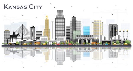 Illustration for Kansas City Missouri Skyline with Color Buildings and Reflections Isolated on White. Vector Illustration. Tourism Concept with Modern Architecture. Kansas City Cityscape with Landmarks. - Royalty Free Image