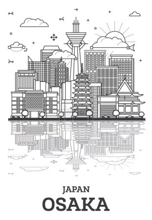 Téléchargez les illustrations : Décrivez Osaka Japan City Skyline avec des bâtiments modernes et des reflets isolés sur blanc. Paysage urbain d'Osaka avec des monuments. Illustration vectorielle. - en licence libre de droit