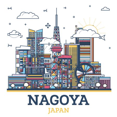 Téléchargez les illustrations : Outline Nagoya Japan City Skyline with Modern Colored Buildings Isolated on White. Vector Illustration. Nagoya Cityscape with Landmarks. - en licence libre de droit
