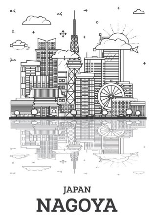Illustration for Outline Nagoya Japan City Skyline with Modern Buildings and Reflections Isolated on White. Vector Illustration. Nagoya Cityscape with Landmarks. - Royalty Free Image