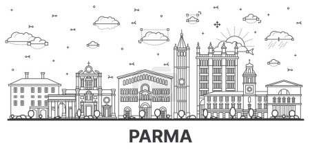 Téléchargez les illustrations : Outline Parma Italy City Skyline with Historic Buildings Isolated on White. Vector Illustration. Parma Cityscape with Landmarks. - en licence libre de droit