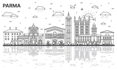 Téléchargez les illustrations : Outline Parma Italy City Skyline with Historic Buildings and Reflections Isolated on White. Vector Illustration. Parma Cityscape with Landmarks. - en licence libre de droit
