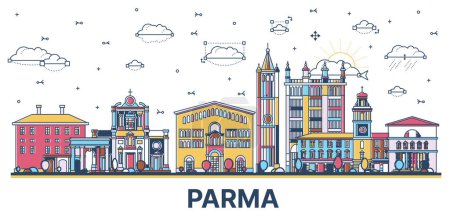 Téléchargez les illustrations : Outline Parma Italy City Skyline with Colored Historic Buildings Isolated on White. Vector Illustration. Parma Cityscape with Landmarks. - en licence libre de droit