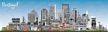 Téléchargez les illustrations : Portugal. City Skyline with Gray Buildings and Blue Sky. Vector Illustration. Concept with Modern and Historic Architecture. Portugal Cityscape with Landmarks. Porto and Lisbon. - en licence libre de droit