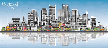 Téléchargez les illustrations : Portugal. City Skyline with Gray Buildings, Blue Sky and Reflections. Vector Illustration. Concept with Modern and Historic Architecture. Portugal Cityscape with Landmarks. Porto and Lisbon. - en licence libre de droit