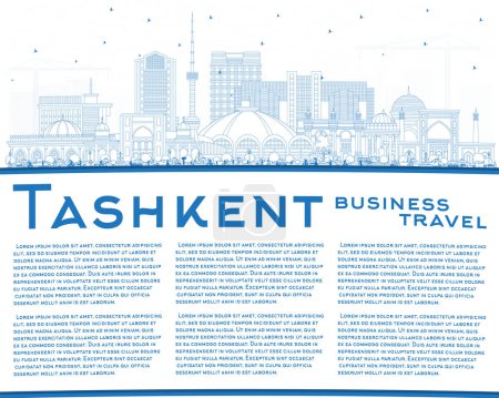 Illustration for Outline Tashkent Uzbekistan City Skyline with Blue Buildings and Copy Space. Vector Illustration. Tashkent Cityscape with Landmarks. Business Travel and Tourism Concept with Historic Architecture. - Royalty Free Image