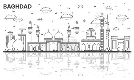 Téléchargez les illustrations : Décrivez Bagdad Iraq City Skyline avec des bâtiments historiques et des reflets isolés sur blanc. Illustration vectorielle. Paysage urbain de Bagdad avec des monuments. - en licence libre de droit