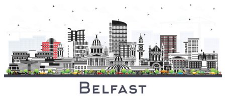 Téléchargez les illustrations : Belfast Northern Ireland City Skyline with Color Buildings Isolated on White. Vector Illustration. Belfast Cityscape with Landmarks. Business Travel and Tourism Concept with Historic Architecture. - en licence libre de droit