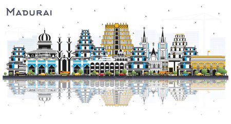 Illustration for Madurai India City Skyline with Color Buildings and Reflections Isolated on White. Vector Illustration. Business Travel and Concept with Historic Architecture. Madurai Cityscape with Landmarks. - Royalty Free Image