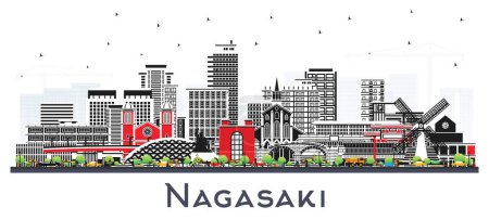 Illustration for Nagasaki Japan City Skyline with Color Buildings Isolated on White. Vector Illustration. Nagasaki Cityscape with Landmarks. Business Travel and Tourism Concept with Historic Architecture. - Royalty Free Image