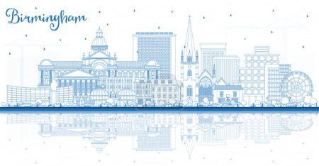 Illustration for Outline Birmingham UK City Skyline with Blue Buildings and Reflections. Vector Illustration. Birmingham Cityscape with Landmarks. Business Travel and Tourism Concept with Historic Architecture. - Royalty Free Image