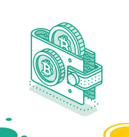 Illustration for Isometric Crypto Wallet with Cryptocurrency . Two Bitcoin. Outline Icon for Cryptocurrency Storage App. Blockchain Technology. Vector Illustration. Web 3 Object. - Royalty Free Image