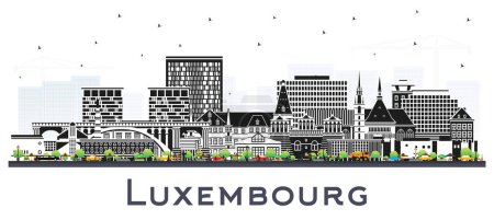 Die Skyline Luxemburgs mit farbigen Gebäuden isoliert auf Weiß. Vektorillustration. Luxemburger Stadtbild mit Wahrzeichen. Geschäftsreise- und Tourismuskonzept mit historischer Architektur.