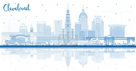 Téléchargez les illustrations : Décrivez Cleveland Ohio City Skyline avec des bâtiments bleus et des reflets. Illustration vectorielle. Cleveland USA Paysage urbain avec des monuments. Voyage d'affaires et tourisme Concept avec une architecture moderne. - en licence libre de droit