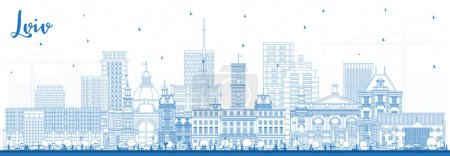 Décrivez Lviv Ukraine City Skyline avec des bâtiments bleus. Illustration vectorielle. Paysage urbain de Lviv avec des monuments. Voyages d'affaires et tourisme Concept avec architecture historique.