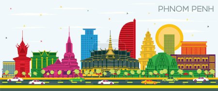 Illustration for Phnom Penh Cambodia City Skyline with Color Buildings and Blue Sky. Vector Illustration. Business Travel and Tourism Concept with Historic Architecture. Phnom Penh Cityscape with Landmarks. - Royalty Free Image