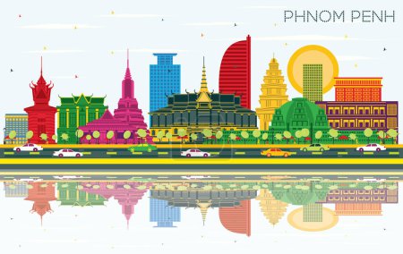 Téléchargez les illustrations : Phnom Penh Cambodia City Skyline avec bâtiments colorés, ciel bleu et reflets. Illustration vectorielle. Concept de voyage et de tourisme avec architecture historique. Phnom Penh Paysage urbain avec des monuments
. - en licence libre de droit