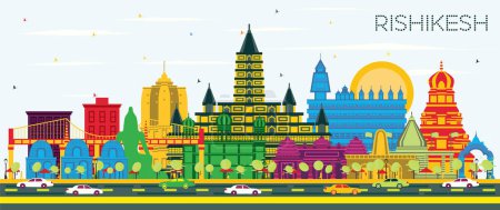 Illustration for Rishikesh India City Skyline with Color Buildings and Blue Sky. Vector Illustration. Business Travel and Tourism Concept with Historic Architecture. Rishikesh Cityscape with Landmarks. - Royalty Free Image