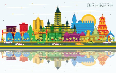 Illustration for Rishikesh India City Skyline with Color Buildings, Blue Sky and Reflections. Vector Illustration. Business Travel and Tourism Concept with Historic Architecture. Rishikesh Cityscape with Landmarks. - Royalty Free Image