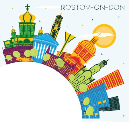 Illustration for Rostov-on-Don Russia City Skyline with Color Buildings, Blue Sky and Copy Space. Vector Illustration. Travel and Tourism Concept with Modern Architecture. Rostov-on-Don Cityscape with Landmarks. - Royalty Free Image