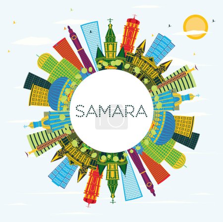 Illustration for Samara Russia City Skyline with Color Buildings, Blue Sky and Copy Space. Vector Illustration. Business Travel and Tourism Concept with Modern Architecture. Samara Cityscape with Landmarks. - Royalty Free Image