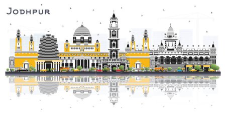Illustration for Jodhpur India City Skyline with Color Buildings with Reflections Isolated on White. Vector Illustration. Travel and Concept with Historic Architecture. Jodhpur Cityscape with Landmarks. - Royalty Free Image