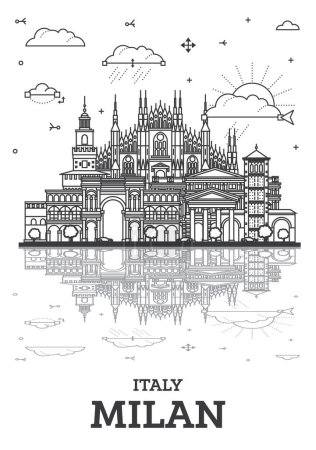 Téléchargez les illustrations : Décrivez Milan Italie City Skyline avec des bâtiments historiques et des reflets isolés sur blanc. Illustration vectorielle. Paysage urbain de Milan avec des monuments. - en licence libre de droit
