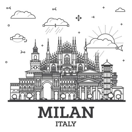 Téléchargez les illustrations : Contour Milan Italie City Skyline avec des bâtiments historiques isolés sur blanc. Illustration vectorielle. Paysage urbain de Milan avec des monuments. - en licence libre de droit
