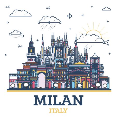 Illustration for Outline Milan Italy City Skyline with Colored Historic Buildings Isolated on White. Vector Illustration. Milan Cityscape with Landmarks. - Royalty Free Image