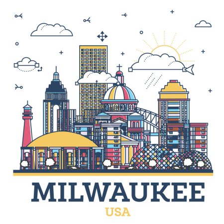 Téléchargez les illustrations : Décrivez Milwaukee Wisconsin City Skyline avec des bâtiments de couleur moderne isolés sur blanc. Illustration vectorielle. Milwaukee USA Paysage urbain avec des monuments. - en licence libre de droit