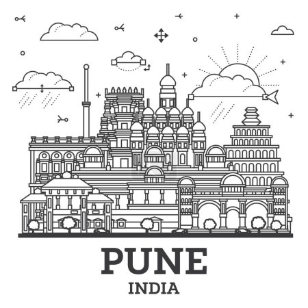 Téléchargez les illustrations : Contour Pune India City Skyline avec des bâtiments historiques isolés sur blanc. Illustration vectorielle. Paysage urbain de Pune Maharashtra avec des monuments. - en licence libre de droit