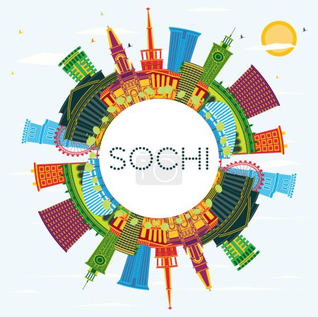 Illustration for Sochi Russia City Skyline with Color Buildings, Blue Sky and Copy Space. Vector Illustration. Travel and Tourism Concept with Modern Architecture. Sochi Cityscape with Landmarks. - Royalty Free Image