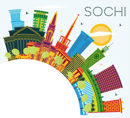 Ilustración de Sochi Russia City Skyline con edificios a color, cielo azul y espacio de copia. Ilustración vectorial. Concepto Viajes y Turismo con Arquitectura Moderna. Paisaje urbano de Sochi con monumentos. - Imagen libre de derechos