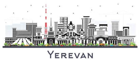 Jerewan Armenien City Skyline mit farbigen Gebäuden isoliert auf weiß. Vektorillustration. Jerewan Stadtbild mit Wahrzeichen. Geschäftsreise- und Tourismuskonzept mit historischer Architektur.