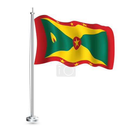 Illustration for Grenadian Flag. Isolated Realistic Wave Flag of Grenada Country on Flagpole. Vector Illustration. - Royalty Free Image
