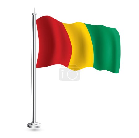 Illustration for Guinea Flag. Isolated Realistic Wave Flag of Guinea Country on Flagpole. Vector Illustration. - Royalty Free Image