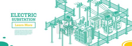Illustration for Isometric Energy Substation. Electric Transformer. Outline Concept. Vector Illustration. Green Color. Part of Distribution Chain. High-Voltage Power Station. - Royalty Free Image