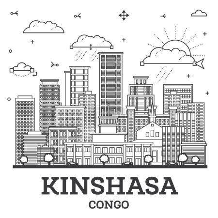 Illustration for Outline Kinshasa Congo City Skyline with Modern and Historic Buildings Isolated on White. Vector Illustration. Kinshasa Africa Cityscape with Landmarks. - Royalty Free Image