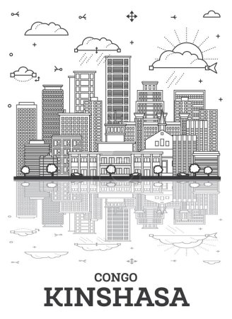 Illustration for Outline Kinshasa Congo City Skyline with Modern Buildings and Reflections Isolated on White. Vector Illustration. Kinshasa Africa Cityscape with Landmarks. - Royalty Free Image
