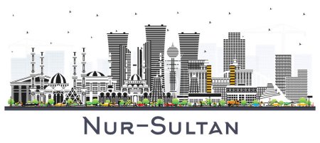 Nur-Sultan Kasachstan City Skyline mit farbigen Gebäuden isoliert auf weiß. Vektorillustration. Nur-Sultan Stadtbild mit Wahrzeichen. Geschäftsreise- und Tourismuskonzept mit moderner Architektur.