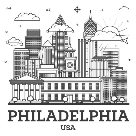 Outline Philadelphia Pennsylvania City Skyline with Modern and Historic Buildings Isolated on White. Vector Illustration. Philadelphia USA Cityscape with Landmarks.