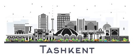 Téléchargez les illustrations : Tachkent Ouzbékistan City Skyline avec bâtiments de couleur isolés sur blanc. Illustration vectorielle. Paysage urbain de Tachkent avec des monuments. Voyages d'affaires et tourisme Concept avec architecture historique. - en licence libre de droit