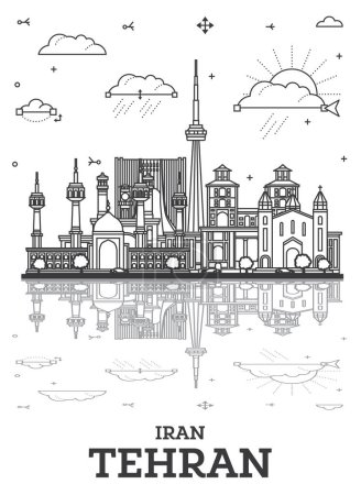 Téléchargez les illustrations : Décrivez Téhéran Iran City Skyline avec des bâtiments historiques et des reflets isolés sur blanc. Illustration vectorielle. Paysage urbain de Téhéran Perse avec des points de repère. - en licence libre de droit