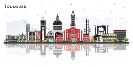 Ilustración de Toulouse France City Skyline con edificios a color y reflexiones aisladas en blanco. Ilustración vectorial. Viajes de negocios y concepto con arquitectura histórica. Paisaje urbano de Toulouse con lugares de interés. - Imagen libre de derechos