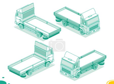 Illustration for Isometric Flatbed Cargo Truck. Back and Front View. Commercial Transport. Logistics. Outline Objects. Vector Illustration. Empty Car for Carriage of Goods. - Royalty Free Image