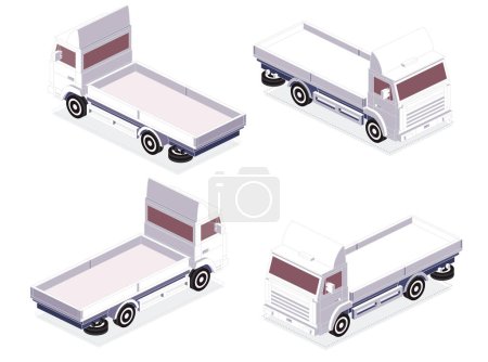 Illustration for Isometric Flatbed Cargo Truck. Back and Front View. Commercial Transport. Logistics. Vector Illustration. Empty Car for Carriage of Goods. - Royalty Free Image