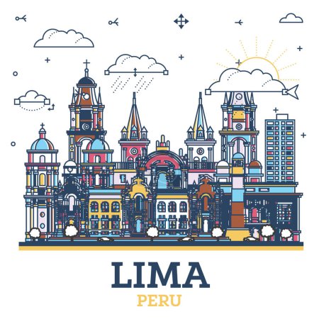Outline Lima Peru City Skyline with Colored Historic Buildings Isolated on White. Vector Illustration. Lima Cityscape with Landmarks.