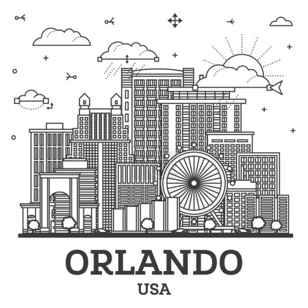 Téléchargez les illustrations : Aperçu Orlando Florida City Skyline avec des bâtiments modernes et historiques isolés sur blanc. Illustration vectorielle. Orlando USA Paysage urbain avec des monuments. - en licence libre de droit