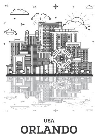 Téléchargez les illustrations : Décrivez Orlando Florida City Skyline avec des bâtiments modernes et des reflets isolés sur blanc. Illustration vectorielle. Orlando USA Paysage urbain avec des monuments. - en licence libre de droit